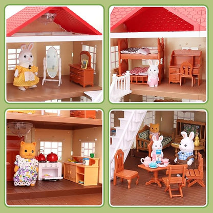 Family Cozy Cabin Doll House Playset, Dollhouse Furniture and Accessories,DIY Cottage Pretend Play Dollhouses, for Toddlers, Boys & Girls