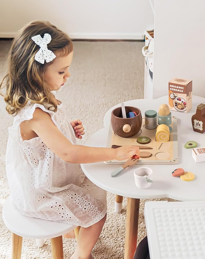 ROBUD 31-Piece Wooden Play Food Set for Kids - Coconut Oats Montessori Kitchen Toys, Educational Pretend Play Dishes with Accessories for Toddlers