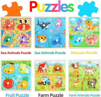 6PCS Wooden Toddler Puzzles, Montessori Toys Peg Puzzles for 3-5 Kid, Toddler Learning Educational Toys Kids Puzzle -Dinosaur, Farm, Farm Animals, Sea Animals, Fruit, Baby Puzzle Gift for Boys Girls