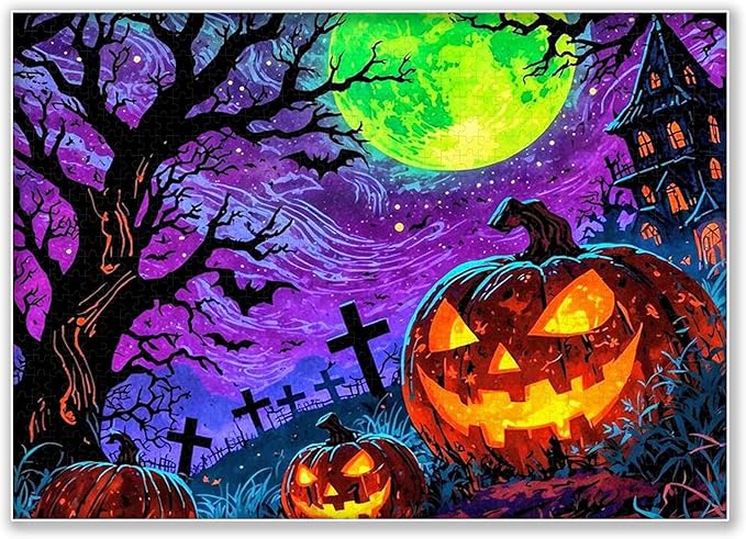 500-piece Halloween - Scary Pumpkin Graveyard Adult Wooden Puzzle, Intellectual Challenge, Stress-Relieving Puzzle, Relaxing Family Activity, Decoration, Size: 20.5 x 15 in