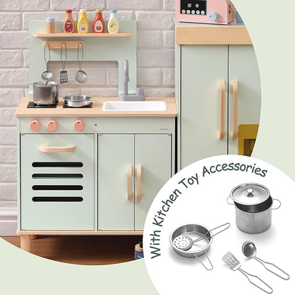 Wooden Play Kitchen Set, Mint Green Stove & Sink with 5 Stainless Steel Tools, Click Knobs, Storage Cabinets, Montessori Toy for Toddlers 3+