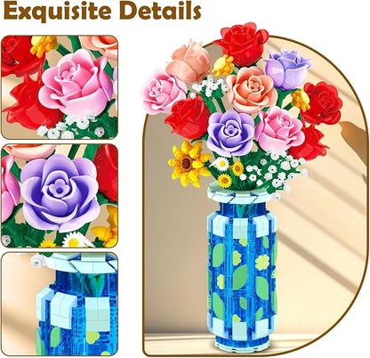 Roses Flowers Building Set with Vase & LED Light, Mother's Day 16 Mini Flowers Bouquet Botanical Building Blocks Toy, Birthday Gifts for Adults, Artificial Flowers for Home Decor & Display