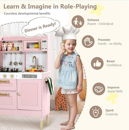 Kinder King Wooden Kids Play Kitchen, Kitchen Playset for Toddler Kid, Play Kitchen Toy Set w/Real Sounds, Pretend Microwave Oven, Ice Maker, Telephone, Gift for Boys Girls Age 3+, Pink