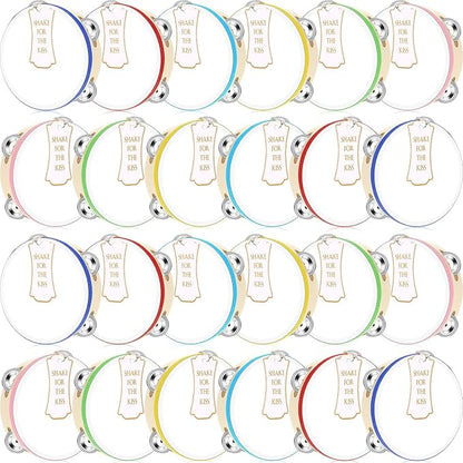 24 Set Tambourine for Adults Wooden Hand Held Drum with Metal Jingles, Gift Tags, White I Love You Printed Ribbon Percussion Gift Musical Instrument for Church Wedding Party (Colorful,6 Inch)