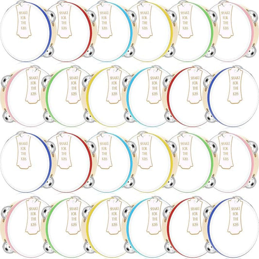 24 Set Tambourine for Adults Wooden Hand Held Drum with Metal Jingles, Gift Tags, White I Love You Printed Ribbon Percussion Gift Musical Instrument for Church Wedding Party (Colorful,6 Inch)