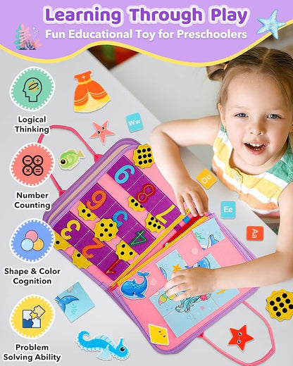 Toddler Busy Board, Montessori Toys for 1 2 3 Year Old Girl Birthday Gifts - Educational Busy Book, Kids Sensory Toy, Preschool Learning Activities and Travel Toys for Toddlers 1-3 2-4