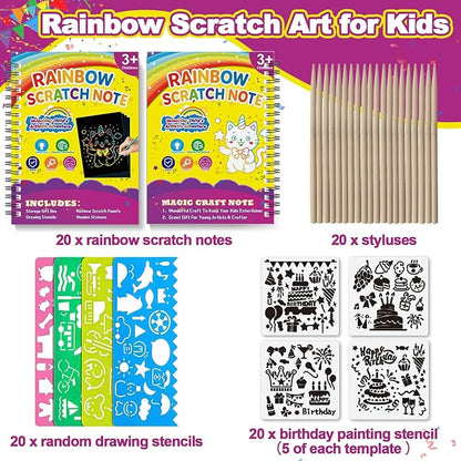 HXDOGSP Scratch Art for Kids: 20 Pack Rainbow Scratch Paper Party Favors - Art Crafts Notebook Suitable for Birthday Gifts/School Crafts Kit/Classroom Prizes for Girls and Boys Aged 4-12