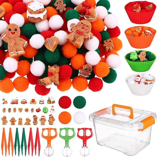 200 PCS Christmas Sensory Bin Filler Winter Sensory Bin Items 160 Pompoms 22 Gingerbread Man 8 Cups 6 Tweezers 3 Scissor Clips 1 Storage Box for Christmas Fine Motor Toys Counting Sorting Training