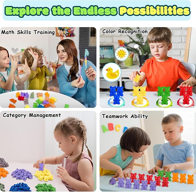 XINHUIDALSQ Rainbow Counting Bears Set of 100, 10 Colors Sorting Teddy Plastic Bears Math Manipulatives for Toddlers, 1 Inch Bear Conters Ages 3+ Kids