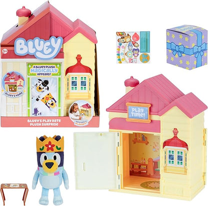 Bluey Play Date Plush Surprise, Decorate House with Stickers, Attach The Play Time Sign, Then Open The Door for a Surprise to Appear, Style May Vary