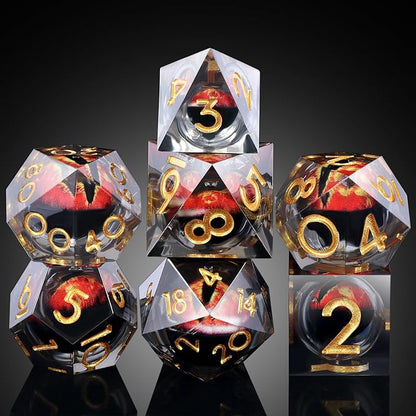 Resin Dragon Eye Dice Set,DNDND 7PCS Sharp Edge D&D Dice with Gorgeous Gift Case for Dungeons and Dragons Talbel Game (Red Dragon Eye)
