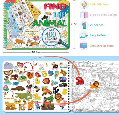 Find The Animal Sticker Book, Sticker Book for Kids, Include 20 Theme, Over 400 Animal Stickers for Kids, Toddler Educational Toys