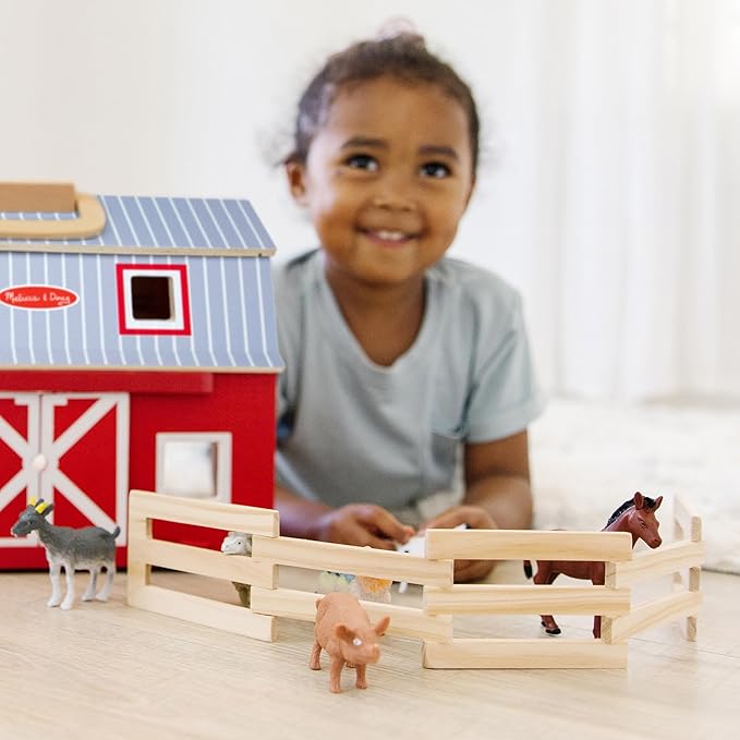 Melissa & Doug Fold and Go Wooden Barn with 7 Animal Play Figures - Farm Animals Barn Toy, Portable Toys, Farm Toys for Kids and Toddlers Ages 3+