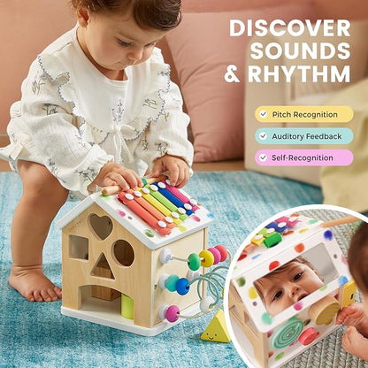 Tiny Land 9-in-1 Wooden Activity Cube, Montessori Baby Activity Center for 1+ Year Old, Educational Toy for Toddlers, Ideal Gift for Girls and Boys (Rainbow)