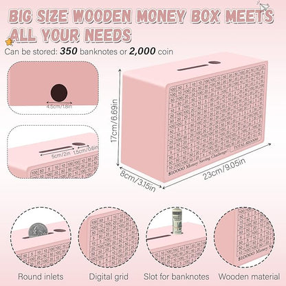 Wooden Cash Savings Box with Counter, Vault Bank for $10000 $5000 $3000 $1000 $800 $500 Target Money Challenge, Reusable Money Box with Dry Erase Pen/Savings Trackers/Rubber Band-Pink
