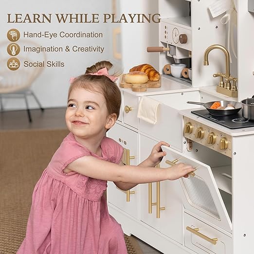 ROBOTIME Pretend Play Kitchen for Kids, Wooden Toy Kitchen with Ice Maker, Coffee Machine, Oven & Accessories – Fun Kitchen Set for Girls & Boys Age 3+