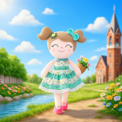 Gloveleya Baby Girl Gifts – Soft First Plush Doll with Gift Box, Spring Green Dress 16 Inch, Snuggly Birthday Present, for Toddler Girls