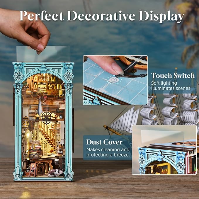 MiniCity DIY Book Nook Kit for Adults, 3D Wooden Puzzle Bookend Bookshelf Insert Decor with LED Light and Dust Cover (Hemingway House)