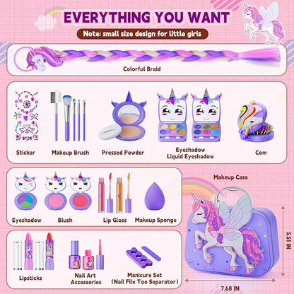 Kids Makeup Kit for Girl - Girls Makeup Kit Toys with Flying Horse Storage Case, Kids Play Makeup Set for Christmas Birthday Gift 3-12 Years Old