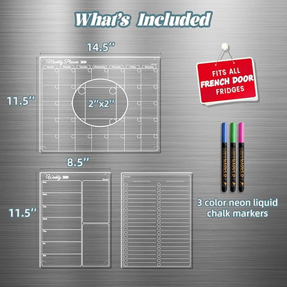 Clear Non-Magnetic Calendar Set for Fridge - Dry Erase Transparent Monthly, Weekly Calendar and List Board - Sticks to Wall, Glass, Door, Any Smooth Surfaces