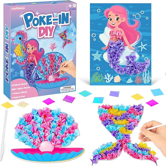 8PCS Poke-in Craft and Art Kit for Kids Mermaid Theme No-Mess Fabric Sewing Art for Girls Boys 4-12 Puzzle Puncture Painting DIY Ocean Sea Animals Toy Gifts for Activity Game Birthday Party
