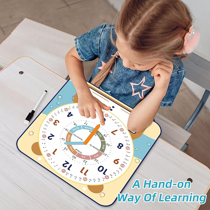 Large 12" Magnetic Writable Dry Erase Teaching Clock with Cute Style, Teaching Demonstration Clock for Kids Learning Practice Time for Home School Classroom Supplies (12" x11"-Beige)
