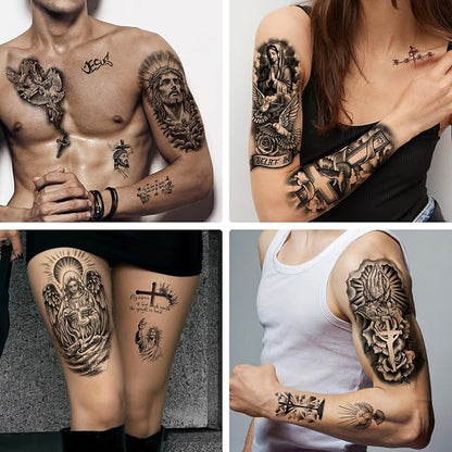 77 Sheets Christian Temporary Tattoo for Women Men, 17 Sheets Half Arm Religious Cross Jesus God Angels Fake Tattoos for Adult Arm Chest, 60 Sheets Christ Tiny Realistic Tattoos Stickers for Kids
