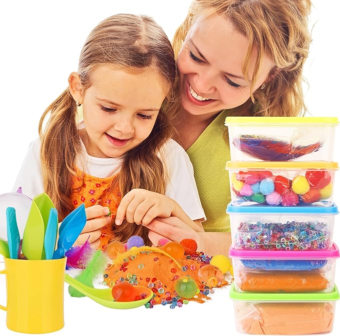 Sensory Kit for Toddlers and Kids - Includes 6 Bins with Lids, Play Tools, Sand, Feathers, Clay, Color Beads and Pom Poms Kids Box Fillers (2 Pack)