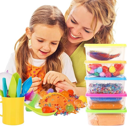 Sensory Kit for Toddlers and Kids - Includes 6 Bins with Lids, Play Tools, Sand, Feathers, Clay, Color Beads and Pom Poms Kids Box Fillers (2 Pack)