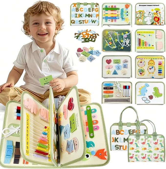 Toddler Busy Board - Montessori Busy Book Travel Toys Sensory Board Educational Activity Book for Learning Fine Motor Skills, Gifts for Girls Boys Toddler
