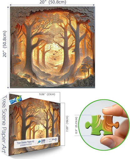 Forest Sunset 500-Piece Jigsaw Puzzle for Adults Layered Paper Art with Letters on Back Large Piece Relaxing Puzzle for Seniors Challenging 20"x20" Nature Scene Fun Gift for Puzzle Lovers