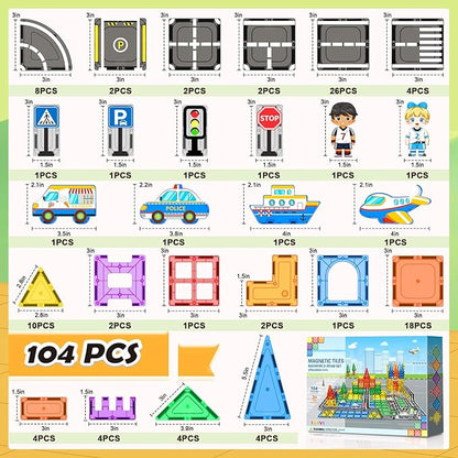 104 PCS Magnetic Tiles Road Set, STEM Construction Toys for Kids Ages 3-5 5-7 4-8, Magnet Building Blocks for Toddler Toys Games, Christmas Birthday Gifts for 3+ Year Old Boys Girls