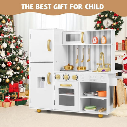 INFANS Kid Kitchen Playset, Toddler Wooden Pretend Cooking Set with Realistic Light & Sound, Stove, Sink, Microwave, Storage Cabinet, Play Kitchen Toy Set for Children Boys Girls (Gold)