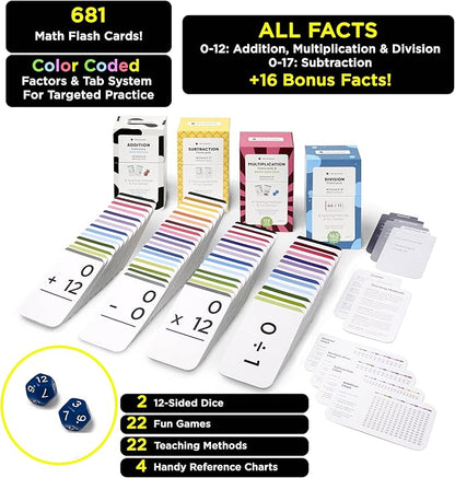 Think Tank Scholar 681 Math Flash Cards & Dice – Learn Addition, Subtraction, Multiplication & Division Facts 0–12, Color-Coded with Games, Charts & Sorting Tabs, Grades K–6 – Jumbo Size (5.2” x 3.1”)