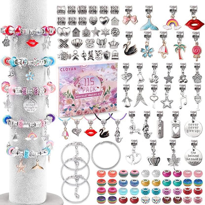 CLOYAN Charm Bracelet Making Kit for Girls, 115PCS Jewelry Making Kits for Girls with Beads, Jewelry Charms, String Necklace, Bracelets for DIY Craft, Jewelry Making Kit for Girls 8-12.