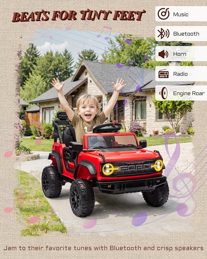 Ford Bronco Raptor Licensed 12V Ride on Toys, Kids Ride on Car with Remote Control, Electric Car for Toddler with Smooth Start, Openable Doors, MP3 Player, 3 Speeds (12V, Red)