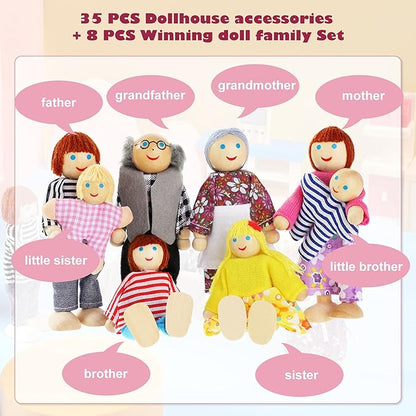 Sumind Wooden Doll House Furniture and Accessories Set With 27 Pieces Furniture, 8 Family Figures for Dollhouse Family Set