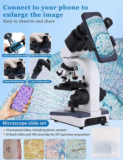Microscope for Adults WF10x and WF25x Eyepieces, 40X-2500X Magnification, with HD USB Camera, Binocular Microscope for Lab Schools