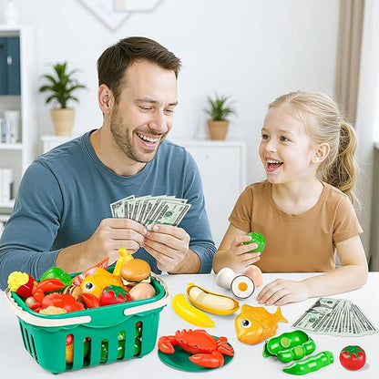Toy Play Food, Play Kitchen Accessories, Kitchen Playset, Pretend Cooking Play Pots, Pans, Utensils Cookware, Cutting Fun Fruits Veggies, Shopping Storage Basket, Prop Money, Gifts for Kids, 168 Pcs