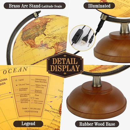Illuminated Globe of the World with Wooden Stand, 8'' Vintage World Globe Built in LED Night Light for Kids&Adults' Geography Learning, Decor for Home Office Classroom