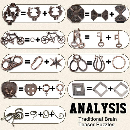 Wettarn 9 Pcs Metal Brain Teaser Puzzles Teaser 3D Steel Puzzle for Adults Unlock Interlocking Games IQ Education Smart Logic Test Toys for Adults Mind Challenge(Classic Style)