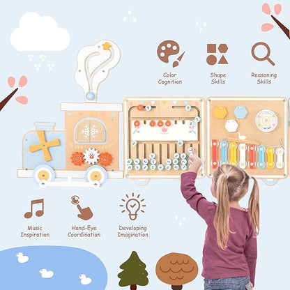 Train Activity Wall Busy Board, Wooden Montessori Sensory Toys, 12-in-1 Learning Activity Center for Playroom,Daycare, Nursery, Classroom, Educational Toys for Toddler