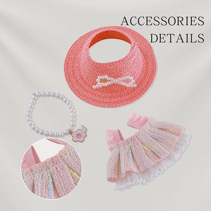 Clothes for Doll 3 PCS 17cm Clothes Set Cute Style Outfit Pink Dress Straw Hat Necklace for 6.7 Inches Doll Only Accessories