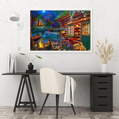 500-piece Moonlit Night Lakeside Cabin time Adult Wooden Puzzle, Intellectual Challenge, Stress-Relieving Puzzle, Relaxing Family Activity, Decoration, Size: 20.5 x 15 in