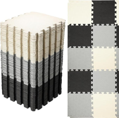 Nuanchu 60 Pcs Kids Foam Puzzle Floor Mat Bulk Solid Color Foam Play Mat with Borders Interlocking Multi Use Floor Rug for Baby Toddler Children Crawling Exercise Playroom 12 inch (Black, White, Gray)