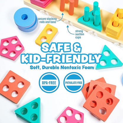 Tub Works® Splash, Stack & Sort™ Shape Sorter & Stacking Toddler Bath Toy | 20 Foam Pieces | Color Sorting & Shape Stacking Kids Bath Toys | Floats & Sticks to Tub Walls | Early Learning Bathtub Toys