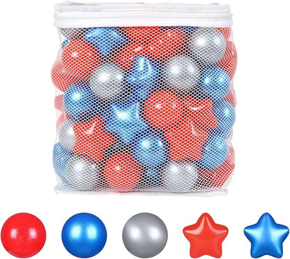 Ball Pit Balls Plastic Stars for Ball Pit BPA Free Plastic Balls Crush and Smash Proof Balls 100pcs 2.2" Set for Toddlers for Play Tent Tunnel (Red+Blue+Silver)