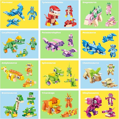 Dinosaur Party Favors for Kids – 12 Dino Figures in Prefilled Eggs, 3-in-1 Building Block Toy Set with Glow Tattoos, Christmas & Birthday Gift, Goodie Bag Filler, Stocking Stuffer, Boys & Girls 6+
