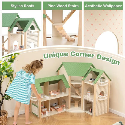 GLACER Wooden Dollhouse, Pretend House w/ 6 Rooms, 3 Storytelling, Ample Accessories, Stair & Door, Ideal Gift for Kids 3+ Years Old