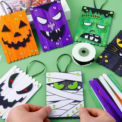 NRWRTY 25 Sets Halloween Crafts Kits,Arts and Crafts with DIY Ghost Pumpkin Felt Stickers Craft Sticks for Halloween Party Favors